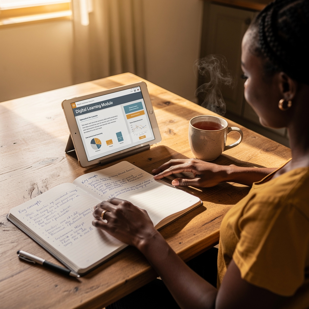 Warm overhead shot of a woman studying a digital lesson module on a tablet, with handwritten notes beside her, natural afternoon light